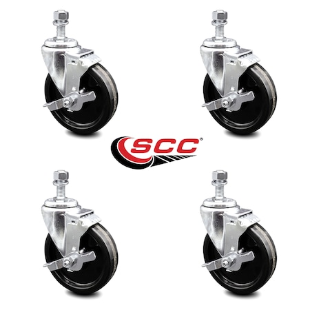 Service Caster 5 Inch Phenolic Wheel Swivel 10mm Threaded Stem Caster Set with Brake SCC SCC-TS20S514-PHS-TLB-M1015-4